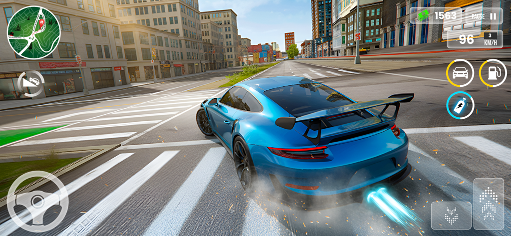 DriftLine: Urban Rush Car Game - A blue sports car drifting on a city street in DriftLine Urban Rush Car Game