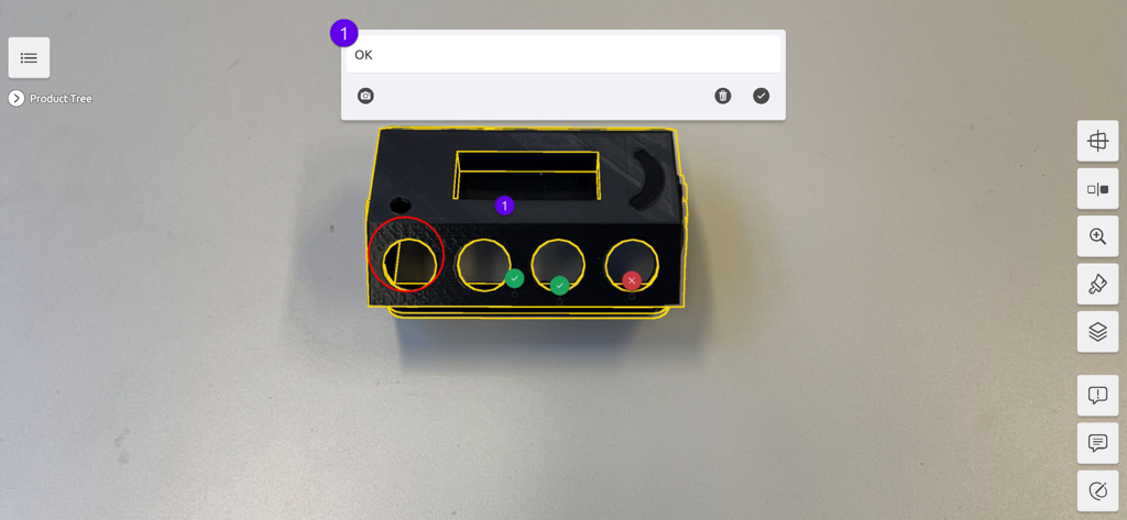 ステータスマーカーと黄色のCADアウトラインが表示された黒いコンポーネントの拡張現実ビジュアルインスペクションを実行しているSuPARアプリ
