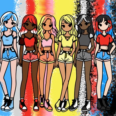 a group of girls wearing crop tops and shorts