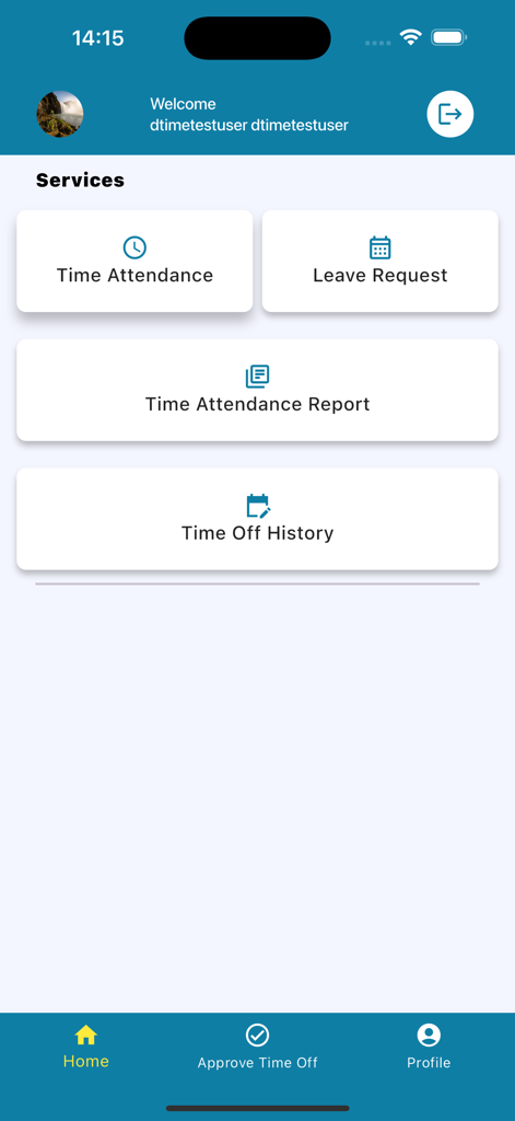 DTime - Home screen of DTime app showing time attendance and leave request features