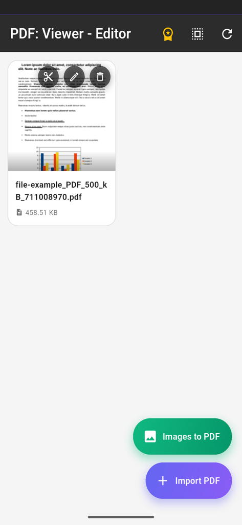 PDF: Viewer - Editor - ドキュメント管理とファイルインポートオプションを表示するPDFビューアおよびエディタアプリのインターフェイス
