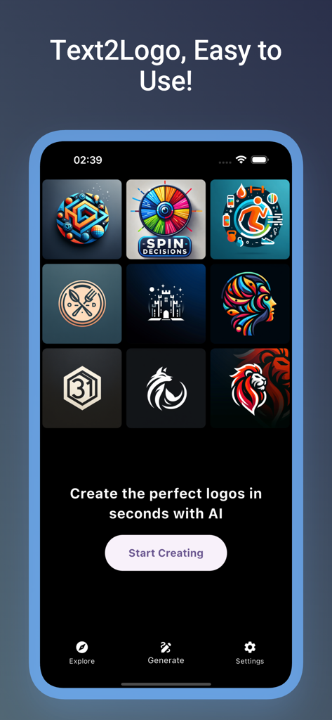 AI Logo Maker : logo generator - App interface for AI Logo Maker showcasing diverse logo styles and a start creating button