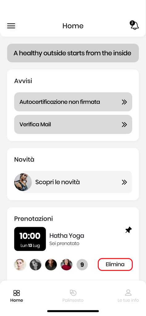Startbildschirm der Sensus Club Pilates App, der Kursbuchungen und Benutzermeldungen anzeigt.
