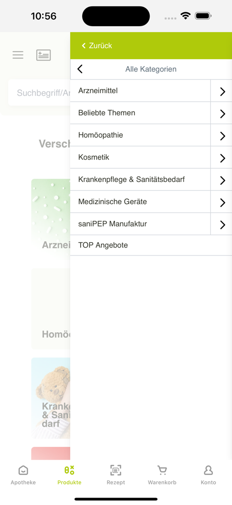 saniPEP Apotheke - Menú de categorías de productos en la app móvil saniPEP Apotheke que muestra medicamentos, homeopatía y cosméticos