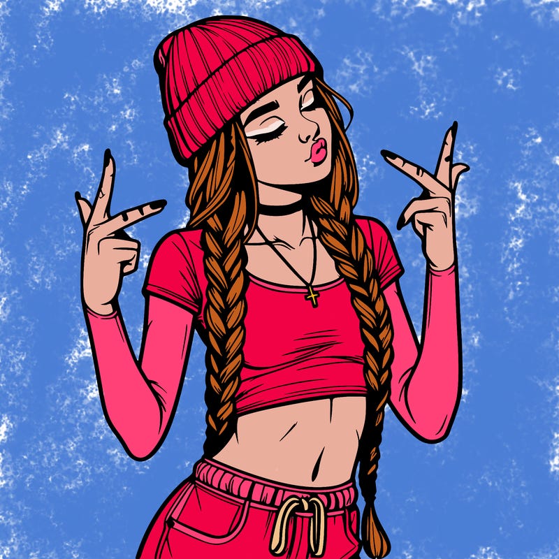 realistic teenage girl with braids and a beanie and crop top doing 🫶🏼