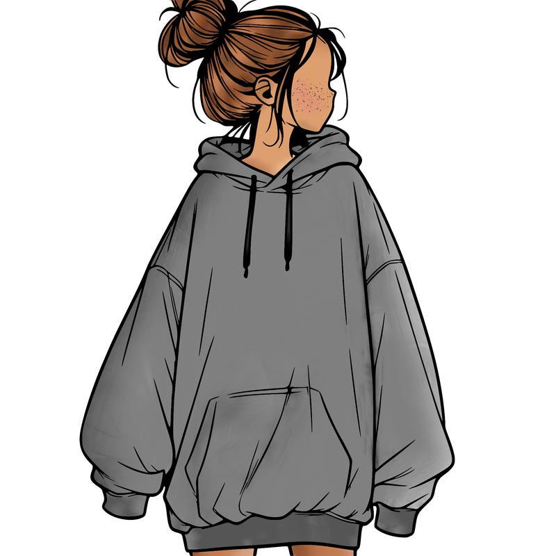 realistic girl with a oversized sweatshirt on and a bun