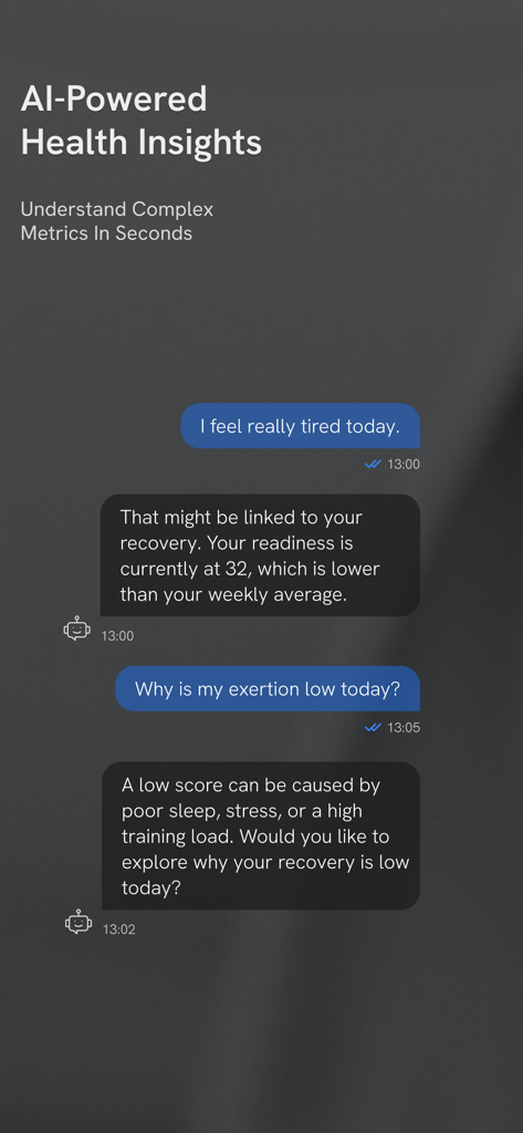 fitMetrics: Health Tracker - Interface of the fitMetrics app showing the fitBot AI companion providing personalized health insights and recovery data