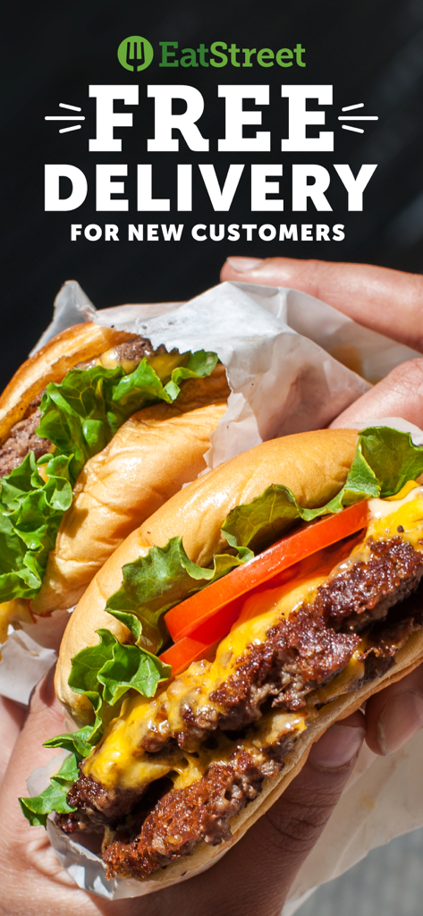 EatStreet Local Food Delivery - Two hands holding cheeseburgers with text promoting free delivery for new EatStreet customers