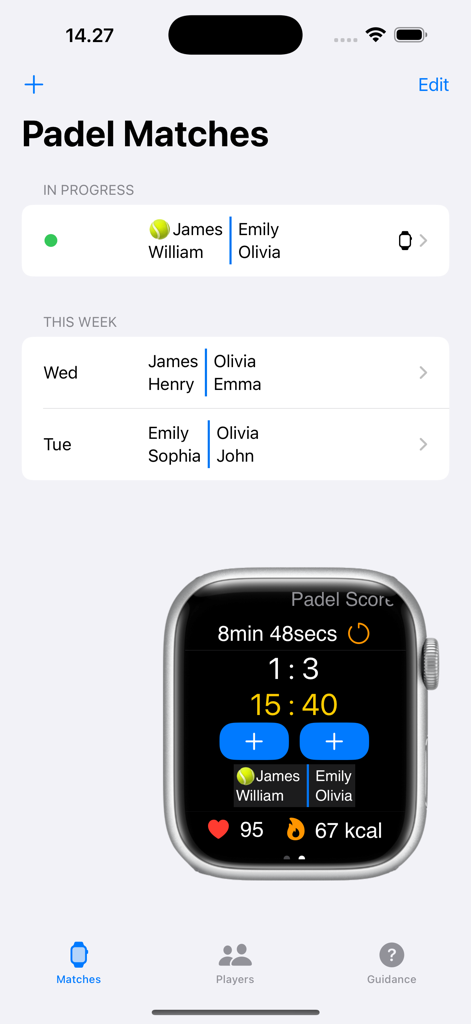 Padel Score Counter app displaying match history on an iPhone and live score tracking with heart rate and calories on an Apple Watch.
