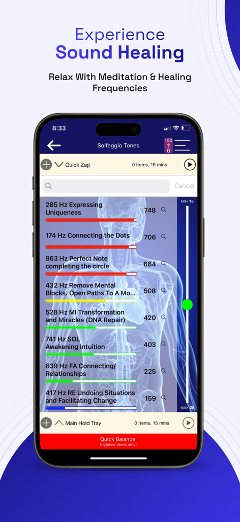 Genius Insight Biofeedback - Aplicación Genius Insight mostrando frecuencias de sanación Solfeggio y mapa energético del cuerpo.