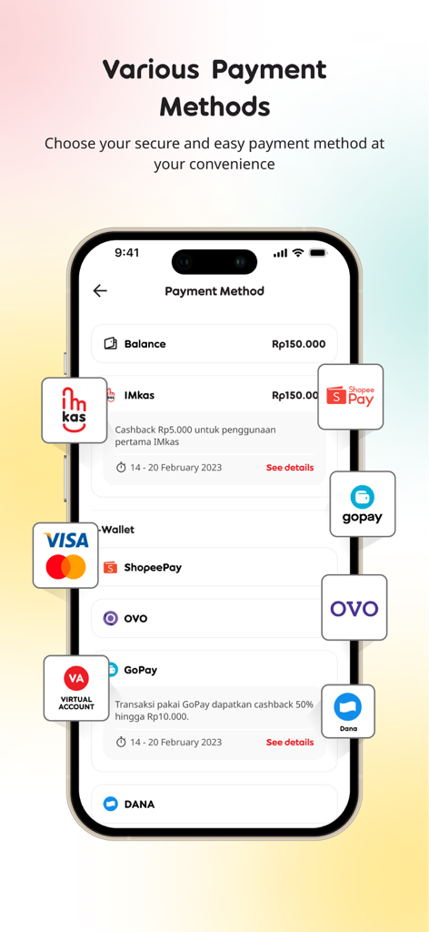 myIM3 - myIM3 app screen showing various payment methods including digital wallets like GoPay, OVO, and DANA