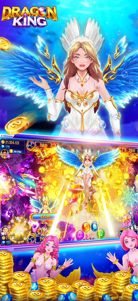 Dragon King:Fish Table Online - Écran de gameplay de Dragon King Fish Table Online avec un personnage d'ange et des piles de pièces d'or