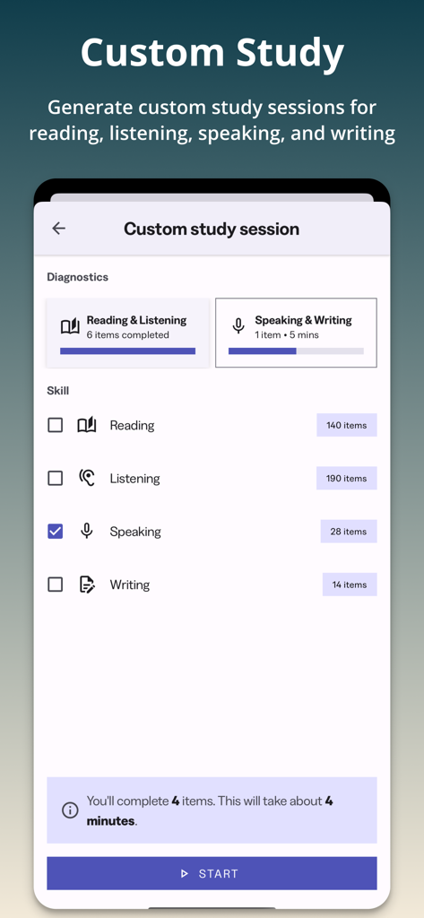Official TOEFL Practice app screen showing the interface to customize study sessions by selecting reading listening speaking and writing skills