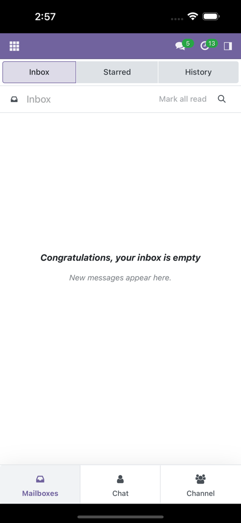 Odoo Mobile App Wrapper - Schermata di posta in arrivo vuota nell'interfaccia di Odoo Mobile App Wrapper