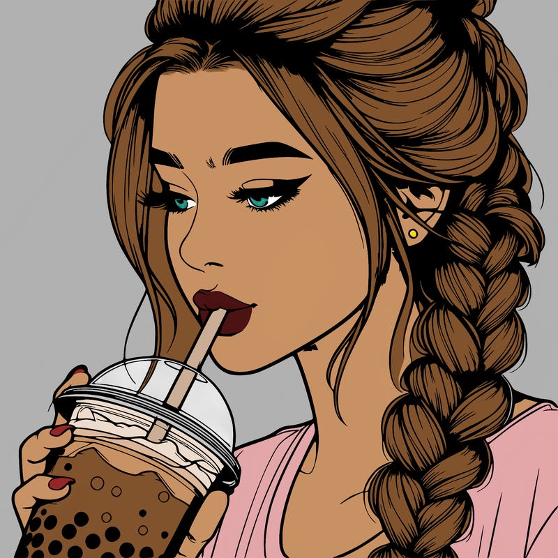 realistic girl drinking boba tea with braided hair