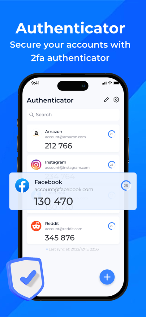 Interface de l'application d'authentification sur un iPhone montrant les codes de sécurité 2FA pour Amazon, Instagram, Facebook et Reddit