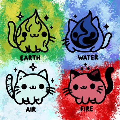 4 cats that represent the different elements, earth, water, air, and fire