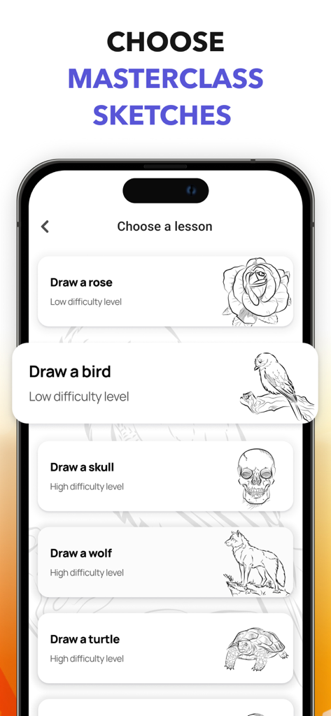 Pantalla de la aplicación que muestra varios tutoriales de dibujo con diferentes niveles de dificultad para bocetos como pájaros y flores.