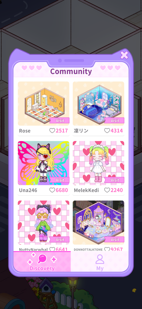 A screenshot of the Pocket Life community discovery page featuring user-decorated rooms and customized character avatars with like counts and visit buttons.