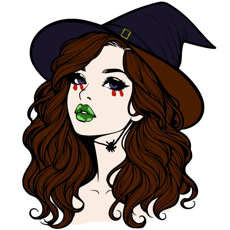realistic witch girl with wavy hair and lips