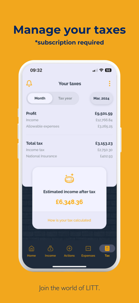 Tela do aplicativo móvel mostrando um resumo de impostos, lucro e renda estimada após impostos.