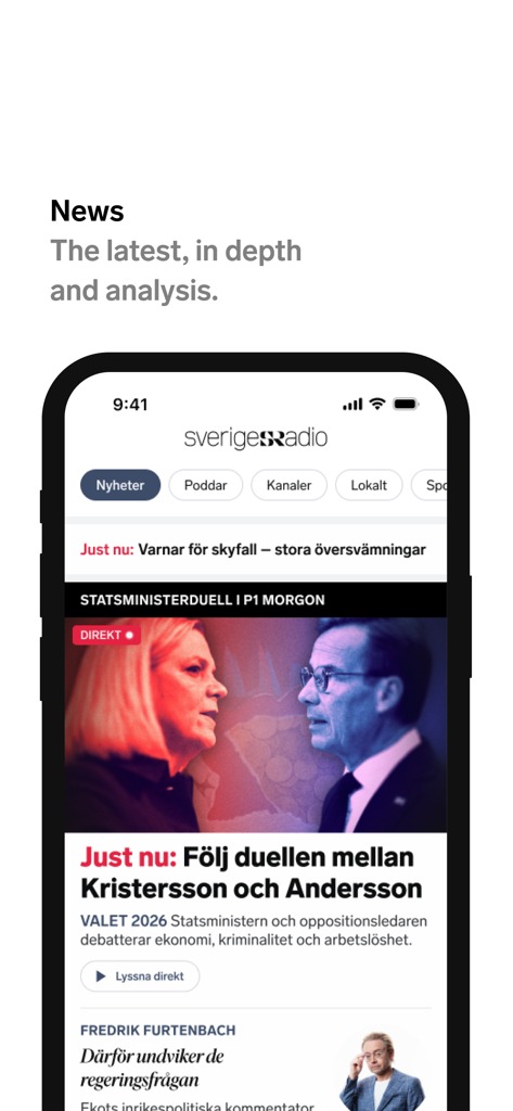 Sveriges Radio - Sveriges Radio mobile app news feed featuring Swedish headlines and in-depth analysis