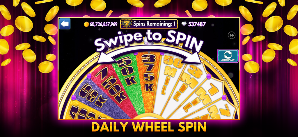 Diamond Sky: Slots & Lottery - Une roue de bonus quotidienne colorée dans Diamond Sky Slots et Loterie offrant divers prix en pièces