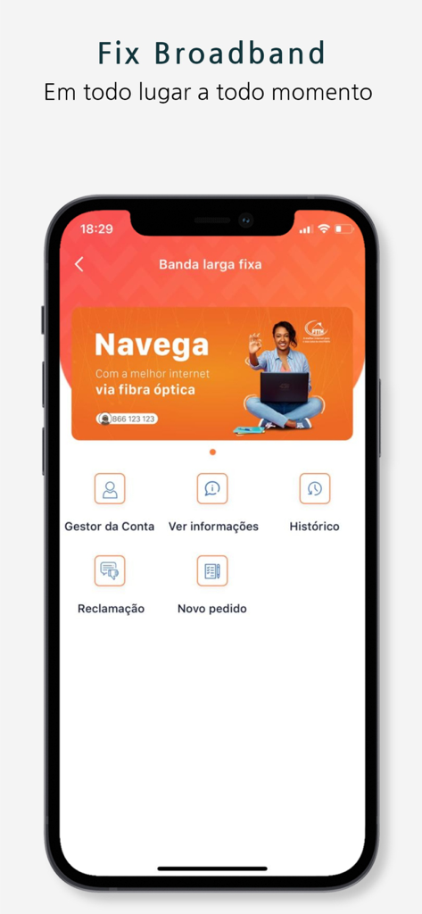 Tela do aplicativo Super Movitel para gerenciar contas e serviços de banda larga fixa