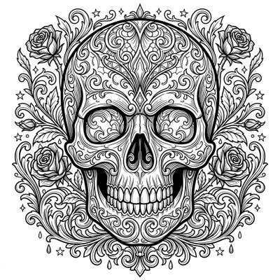Delve into the mysterious beauty of this Gothic skull coloring page, adorned with intricate Victorian-inspired patterns and elegant roses. Perfect for those who appreciate dark aesthetics and detailed line art.