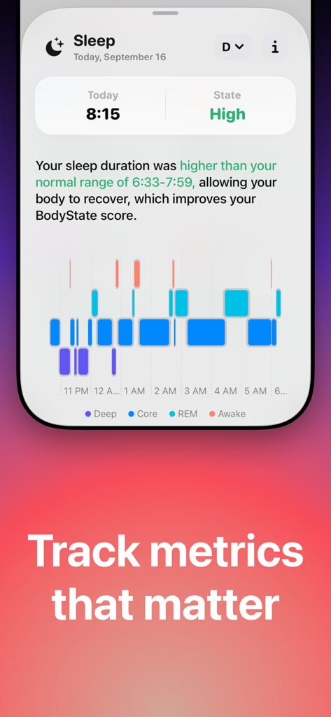 BodyState: Vitals Tracker - BodyState app screenshot displaying sleep duration metrics and sleep stages chart