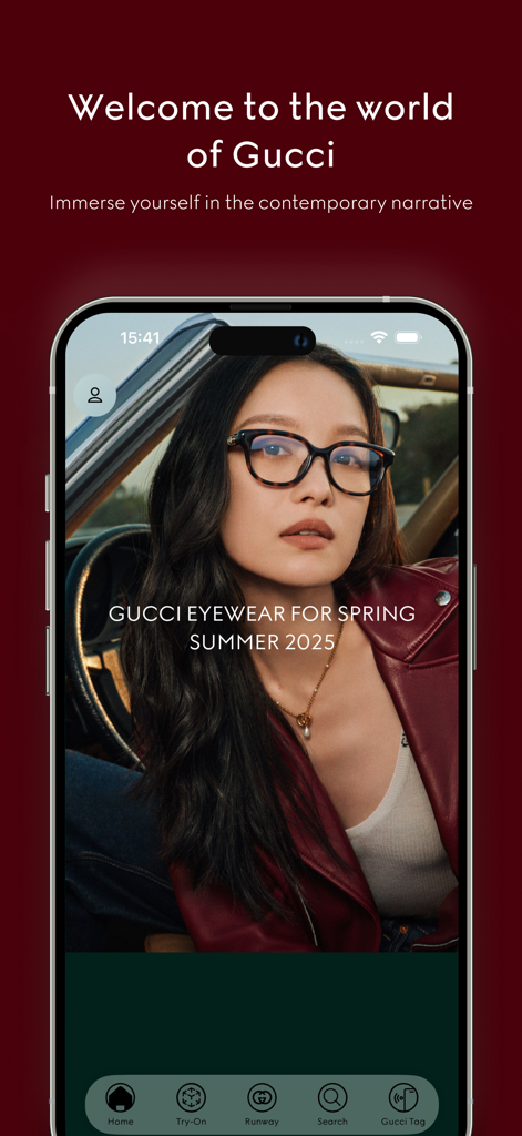 GUCCI - The welcome screen of the Gucci app displaying a model wearing Gucci eyewear for the Spring Summer 2025 collection.