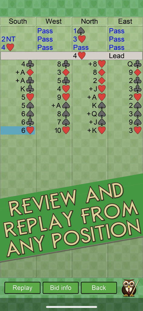 Bridge V+, bridge card game - Pantalla del juego de Bridge que muestra el historial de pujas y la opción de revisar y reproducir manos desde cualquier posición.