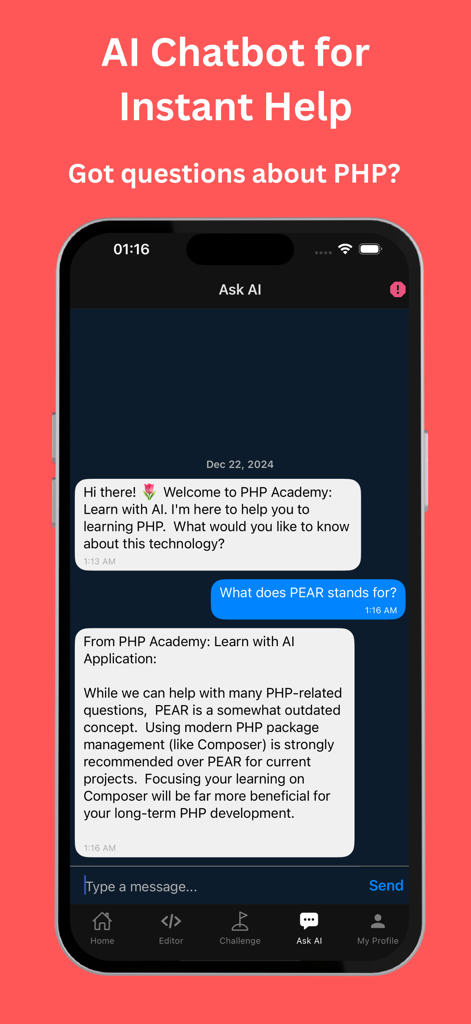 Learn PHP - PHP Editor/IDE - PHPトピックに関する即時ヘルプを提供するLearn PHP AcademyアプリのAIチャットボット機能のインターフェイス。