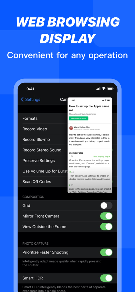 PiP Splitware - Split Screen - iPhone screen demonstrating the PiP Splitware web browsing feature with a floating window over the system settings menu.