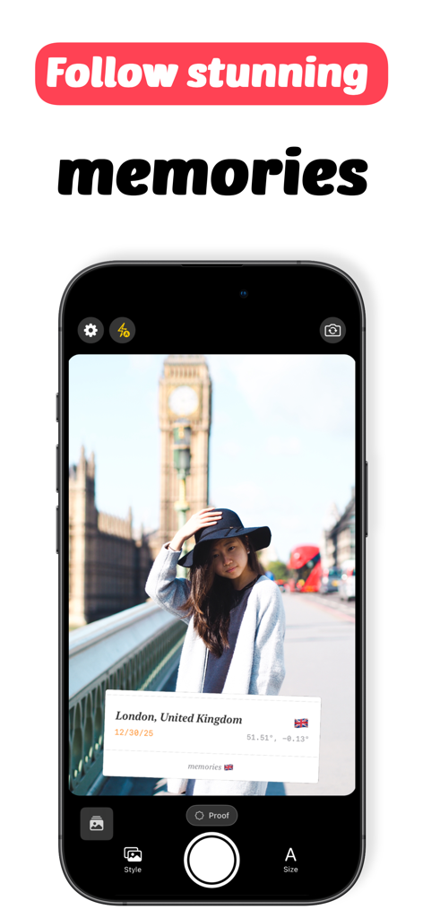 Travel Camera app interface showing a photo with a GPS location and date timestamp overlay