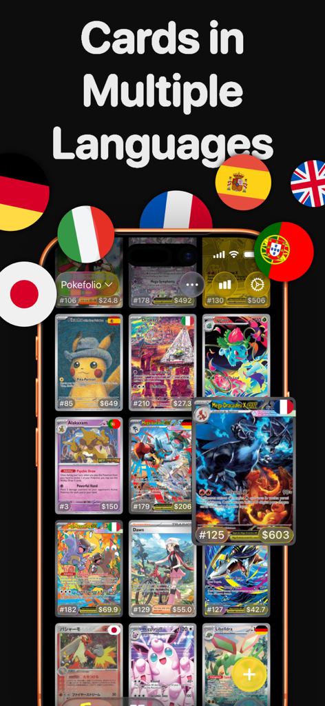 Pokefolio for Pokemon TCG - Pokefolio app interface showing Pokemon TCG cards from multiple languages with live market values and international flags