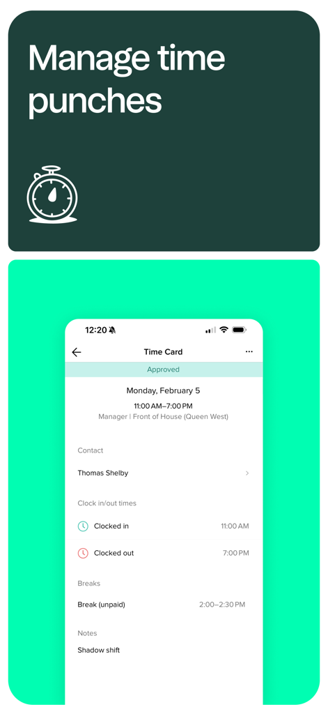 7shifts: Employee Scheduling - 7shifts 앱에서 출퇴근 시간과 승인 상태가 표시된 직원 타임 카드 모바일 화면.