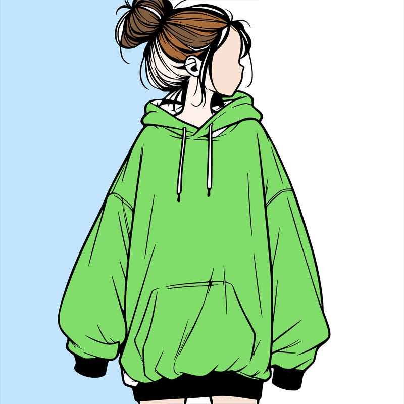 realistic girl with a oversized sweatshirt on and a bun