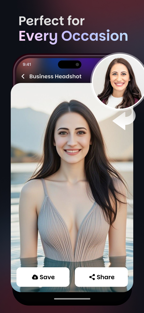 AI Photo Maker - Vintage Photo - Interface do aplicativo móvel mostrando uma foto gerada por IA de uma mulher de maiô com uma foto de origem inserida e um título Perfeito para Todas as Ocasiões.
