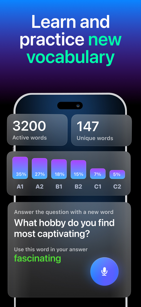 Fluently - AI English Tutor - 語彙学習統計とAI主導のスピーキング練習プロンプトを示すFluentlyアプリのインターフェース
