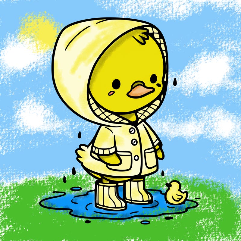 baby duck in a rain coat and boots, in a puddle while it’s raining