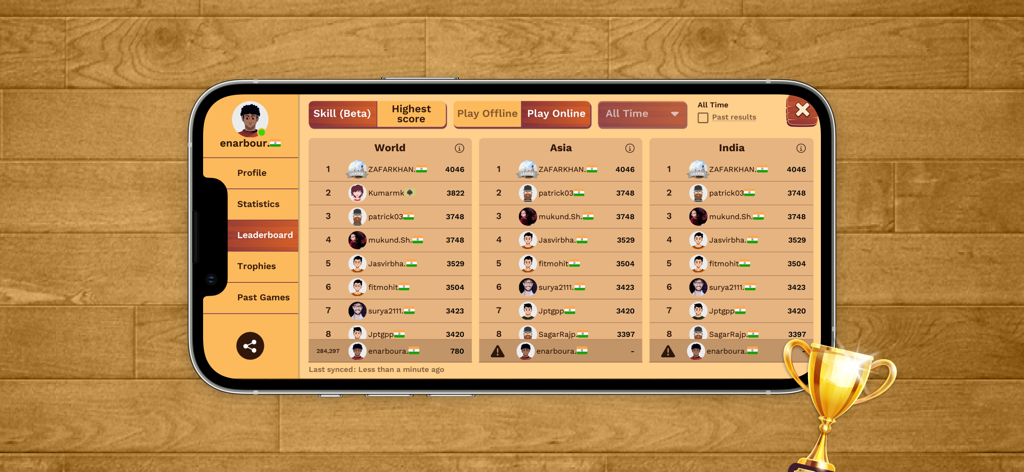 Callbreak : Card game - Leaderboard screen of the Callbreak card game app showing world, Asia, and India rankings.