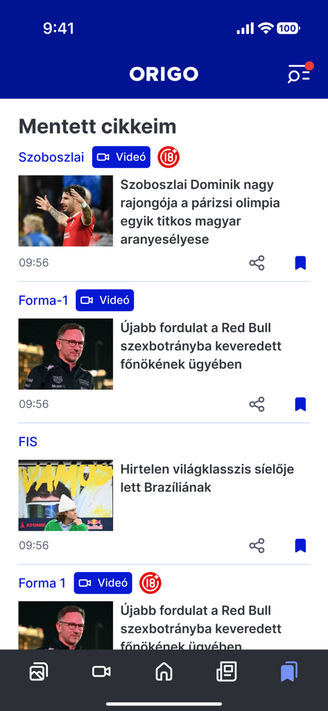 Origo hírek alkalmazás a mentett cikkek szekciót mutatja sporthírekkel