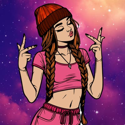 realistic teenage girl with braids and a beanie and crop top doing 🫶🏼