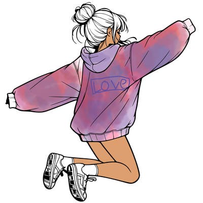 realistic girl jumping with a bun and oversized sweatshirt
