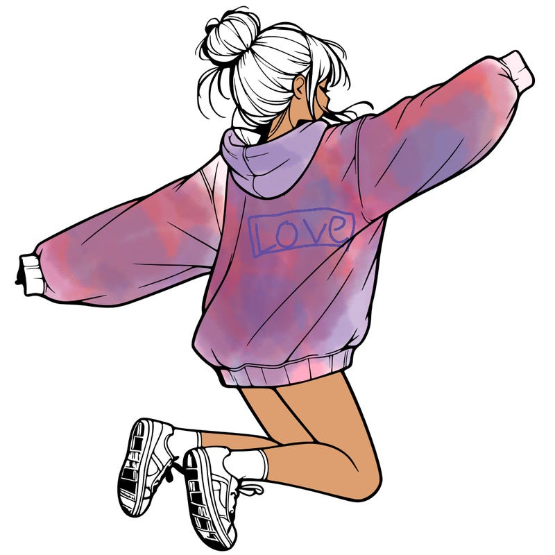 realistic girl jumping with a bun and oversized sweatshirt