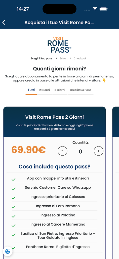 Interface of the Visit Rome Pass app showing the price and benefits of a 2-day sightseeing pass including priority access to the Colosseum.