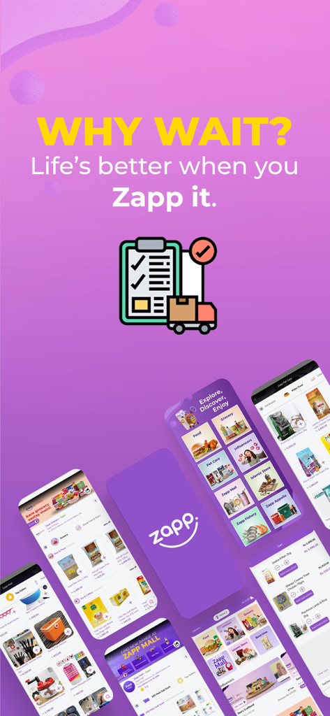 Zapp - Shop Anytime Anywhere - Zapp mobile app screenshots showing food and grocery shopping categories on a purple background