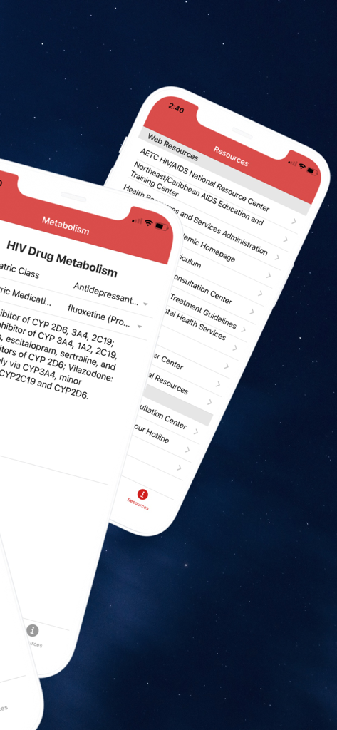 HIV-Psychiatric - Screenshots of the HIV-Psychiatric mobile app showing drug metabolism data and clinical web resources for healthcare professionals