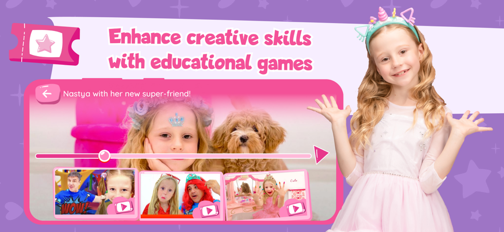 Like Nastya World - let's play - A screenshot of the Like Nastya World app showing educational videos and games for children featuring the star Nastya.